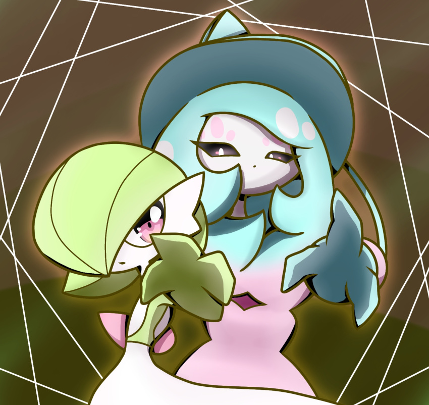 2girls arm_up black_sclera blue_hair blue_headwear bob_cut closed_mouth colored_sclera colored_skin commentary dot_mouth flat_chest gardevoir green_hair green_skin hair_over_one_eye hat hatterene highres long_hair looking_at_another looking_at_viewer multicolored_hair multicolored_skin multiple_girls one_eye_covered orange_outline outstretched_arm pink_hair pokemon pokemon_(creature) prehensile_hair reaching_towards_viewer red_eyes short_hair sidelocks standing two-tone_hair two-tone_skin upper_body very_long_hair white_eyes white_skin witch_hat yuri_(pixiv_76483886)