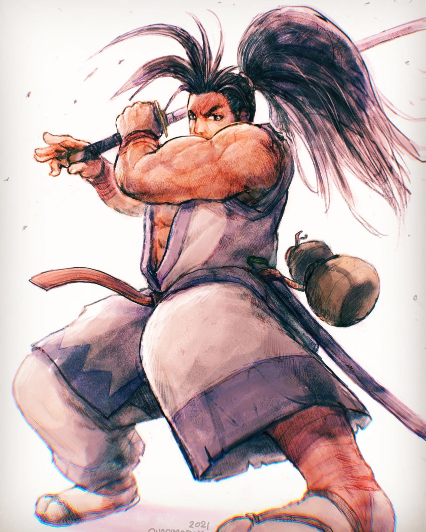 1boy black_hair dougi fighting_stance frown hands_up haoumaru highres katana large_pectorals long_hair male_focus mature_male muscular muscular_male pectorals quasimodox samurai_spirits solo sword thick_eyebrows two-handed_sword weapon