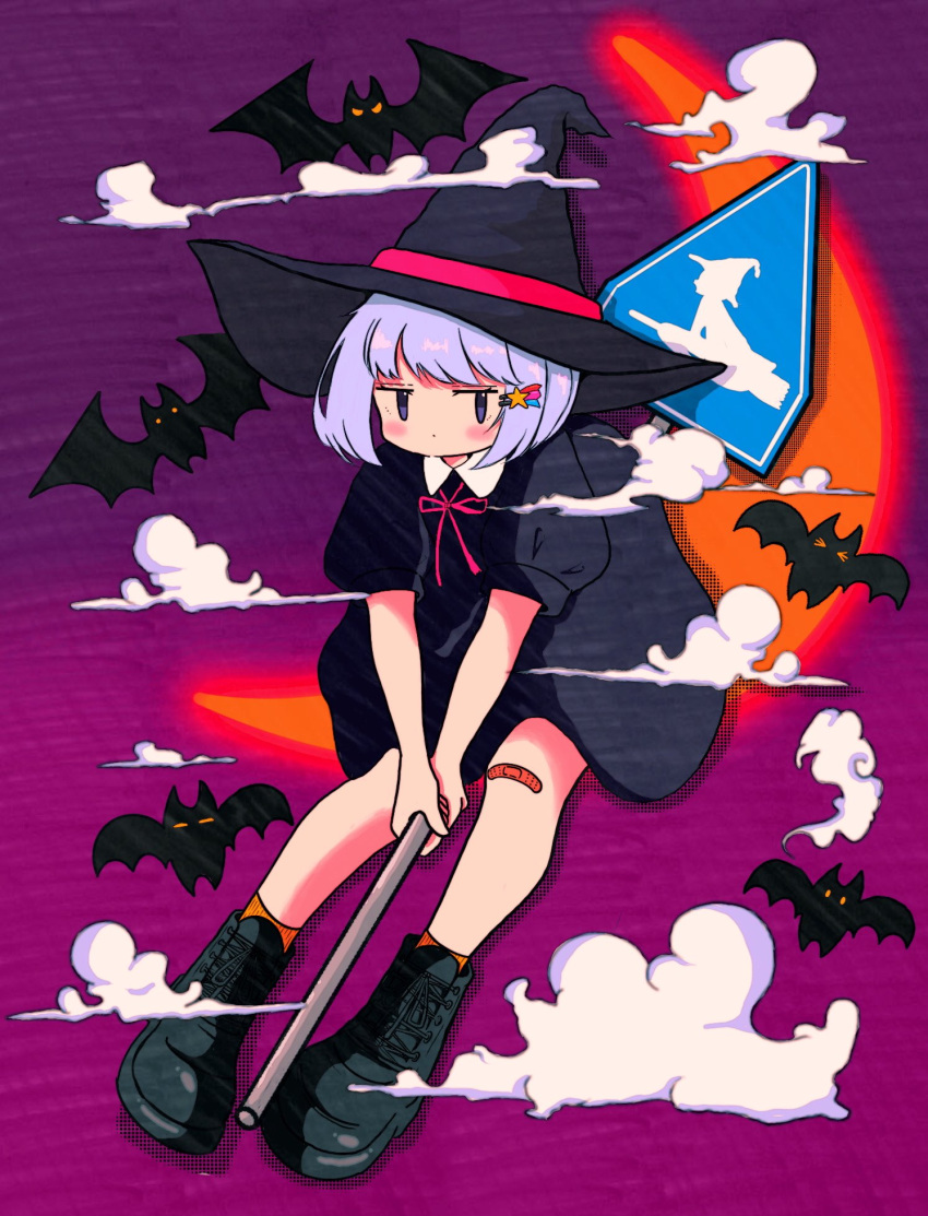 1girl animal bandaid bandaid_on_knee bandaid_on_leg bat_(animal) black_dress black_footwear black_headwear boots cloud collared_dress commentary crescent_moon dress drop_shadow full_body hair_ornament hairclip hat hat_ribbon highres jitome light_purple_hair looking_at_viewer moon nao97122 neck_ribbon orange_moon orange_socks original pink_ribbon pointy_hat puffy_short_sleeves puffy_sleeves purple_background purple_eyes ribbon riding road_sign short_dress short_hair short_sleeves sign socks solo witch witch_hat