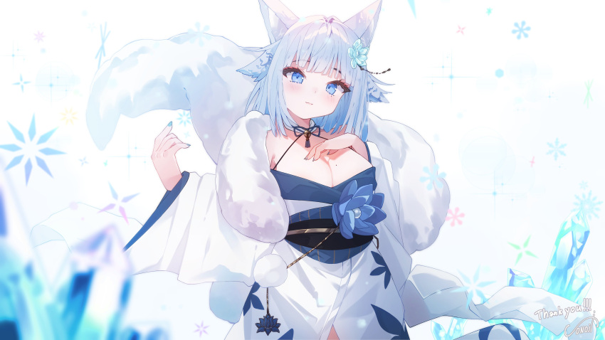 1girl absurdres animal_ear_fluff animal_ears bell blue_eyes blue_nails blunt_bangs blush breasts cleavage commission floral_print flower fox_ears fox_tail fur_(clothing) hair_flower hair_ornament hand_on_own_chest hands_up highres indie_virtual_youtuber japanese_clothes kimono large_breasts light_smile looking_at_viewer mole mole_on_breast mole_under_eye nail_polish neck_bell off_shoulder right-over-left_kimono sakae_izumi signature skeb_commission snowflake_background solo sonoji tail tassel thank_you upper_body virtual_youtuber white_hair