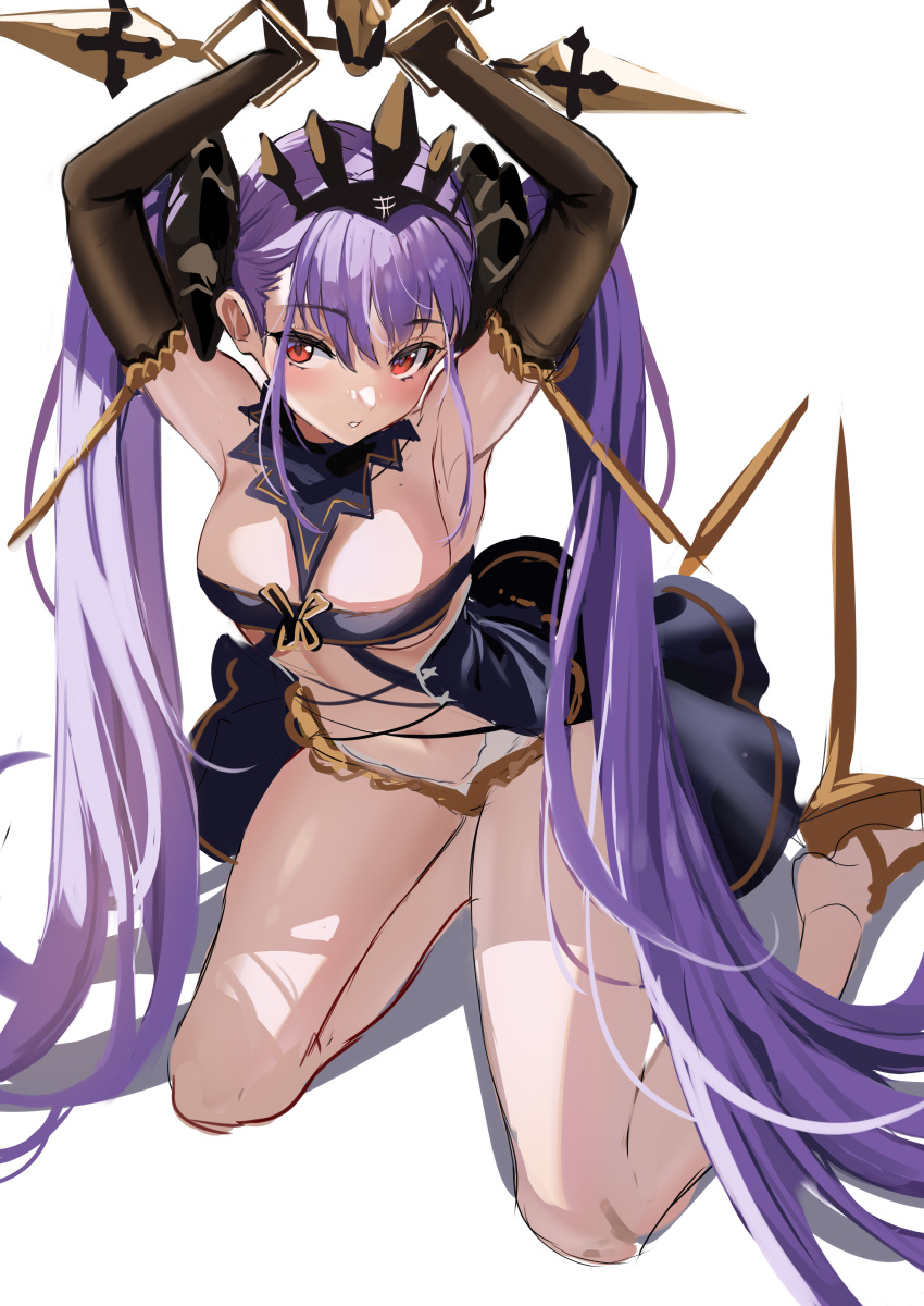 1girl absurdres armpits arms_up azur_lane black_dress black_gloves black_tiara blush bound bound_wrists breasts cross dress elbow_gloves felix_schultz_(azur_lane) gloves hair_between_eyes high_heels highres iron_cross kneeling long_hair parted_lips purple_hair red_eyes revealing_clothes simple_background sketch small_breasts solo stone_(ksorede) twintails very_long_hair white_background