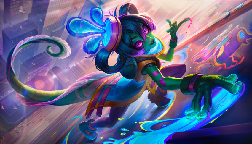 1girl bird building car chameleon_girl chameleon_tail city cityscape climbing colored_skin gloves graffiti green_gloves green_hair green_skin hair_between_eyes hat highres ina_wong jacket league_of_legends motor_vehicle multicolored_hair neeko_(league_of_legends) official_alternate_costume official_alternate_hairstyle official_art outdoors purple_eyes purple_hair sleeveless sleeveless_jacket smile solo street_demon_neeko sunlight tail two-tone_hair