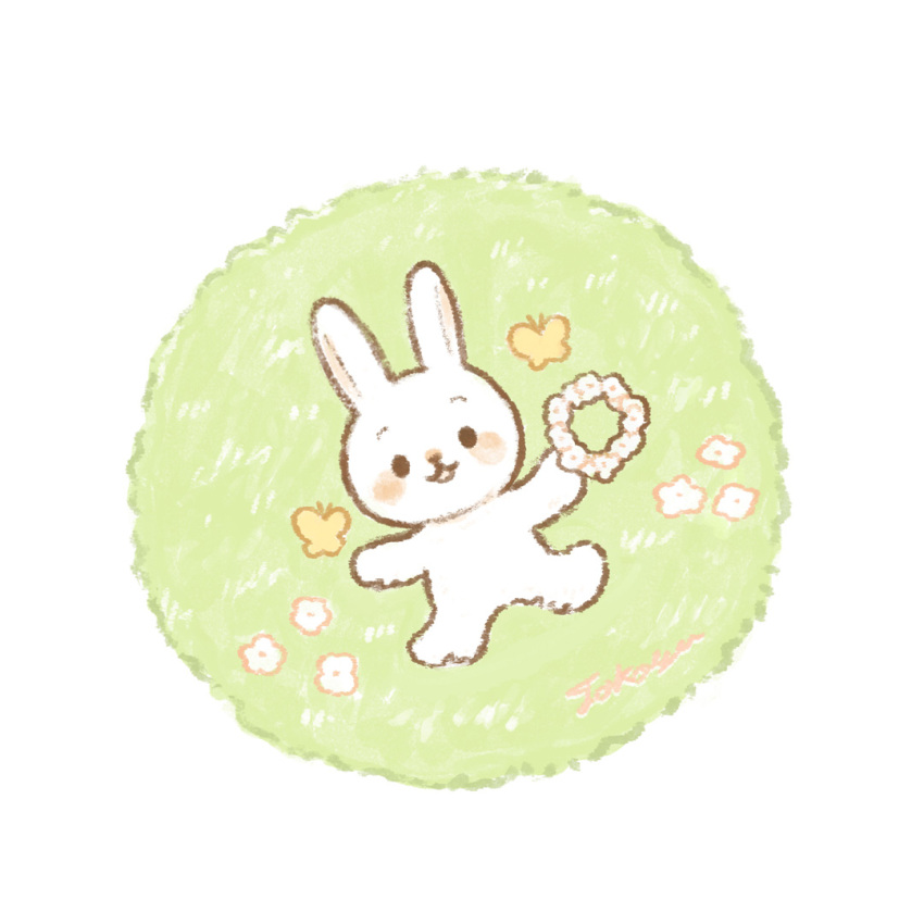 animal_focus black_eyes blush_stickers bug butterfly chibi closed_mouth commentary_request flower flower_wreath from_above full_body grass looking_at_viewer lying no_humans on_back on_grass original rabbit simple_background smile solid_eyes tokoyu white_background white_flower white_rabbit_(animal)