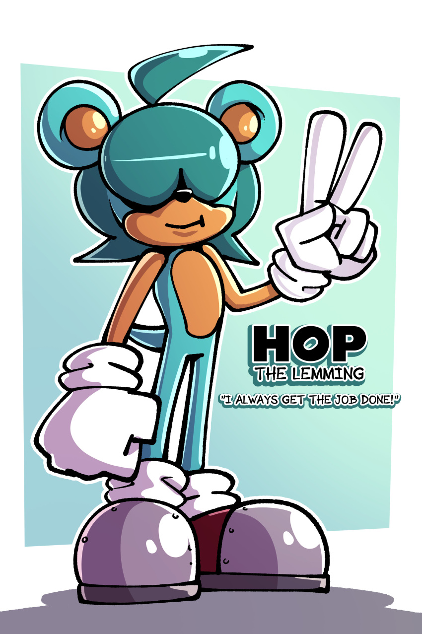 absurd_res anthro brown_body brown_skin clothing cricetid fan_character footwear gloves hair hair_over_eyes handwear hi_res hop_the_lemming lemming male mammal rodent sachasketchy sega shoes solo sonic_the_hedgehog_(series) steel_tipped_boots teal_body teal_hair