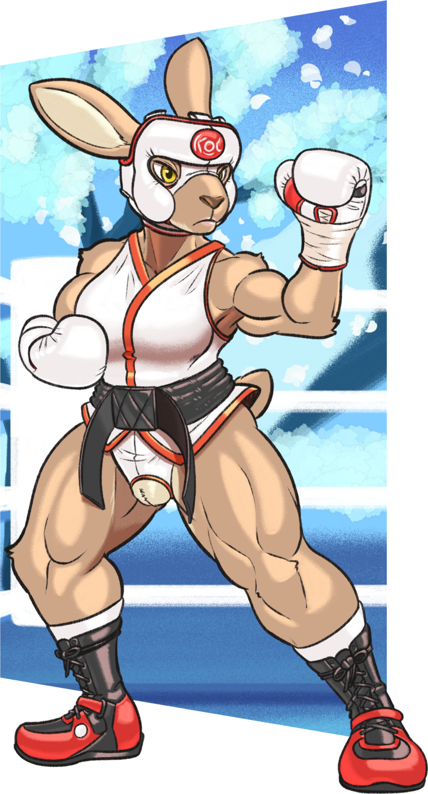 absurd_res anthro belt boots boxing_gloves breasts clothing crotchless_clothing dcheese female footwear genitals handwear headgear hi_res lagomorph leporid mammal mask muscular muscular_female pussy rabbit solo sports_mask sportswear thick_thighs thong underwear wrestling_mask