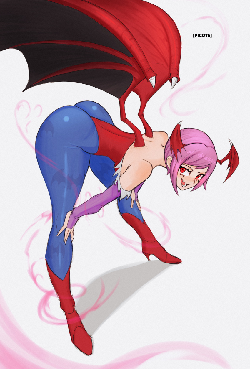 1girl absurdres animal_print ass bat_print bat_wings bent_over blue_pantyhose breasts bridal_gauntlets demon_girl full_body hands_on_own_knees head_wings heart highres leotard lilith_aensland looking_at_viewer open_mouth pantyhose picote print_legwear print_pantyhose purple_hair red_eyes red_leotard shiny_skin short_hair small_breasts smile solo standing thong_leotard vampire_(game) wings