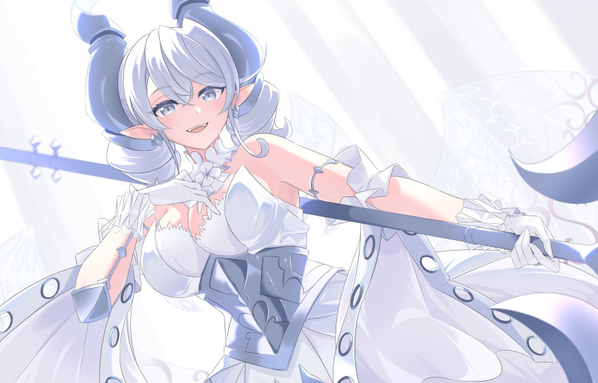 1girl breasts cleavage curtains demon_girl demon_horns demon_wings dress drill_hair duel_monster earrings gloves grey_eyes halberd heichi highres holding holding_polearm holding_weapon horns jewelry large_breasts leotard leotard_under_clothes looking_at_viewer lovely_labrynth_of_the_silver_castle low_wings multiple_wings pointy_ears polearm smile solo transparent_wings twin_drills twintails weapon white_curtains white_gloves white_hair white_horns wings yu-gi-oh!