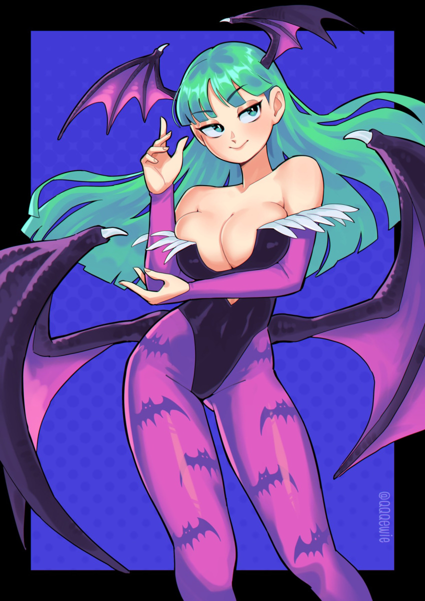 1girl 333_(dqqqdle) animal_print bare_shoulders bat_print bat_wings breasts bridal_gauntlets cleavage clothing_cutout demon_girl elbow_gloves english_commentary gloves green_eyes green_hair head_wings highres large_breasts leotard long_hair looking_at_viewer morrigan_aensland pantyhose print_legwear smile solo vampire_(game) wings