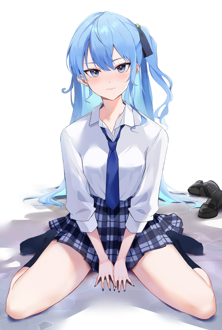 1girl aqua_hair aya02ka black_footwear black_socks blue_eyes blue_hair blue_necktie blue_skirt blush breasts closed_mouth colored_inner_hair hair_between_eyes highres hololive hoshimachi_suisei long_hair looking_at_viewer multicolored_hair necktie one_side_up plaid plaid_skirt shirt skirt socks solo star_(symbol) star_in_eye symbol_in_eye virtual_youtuber white_background white_shirt