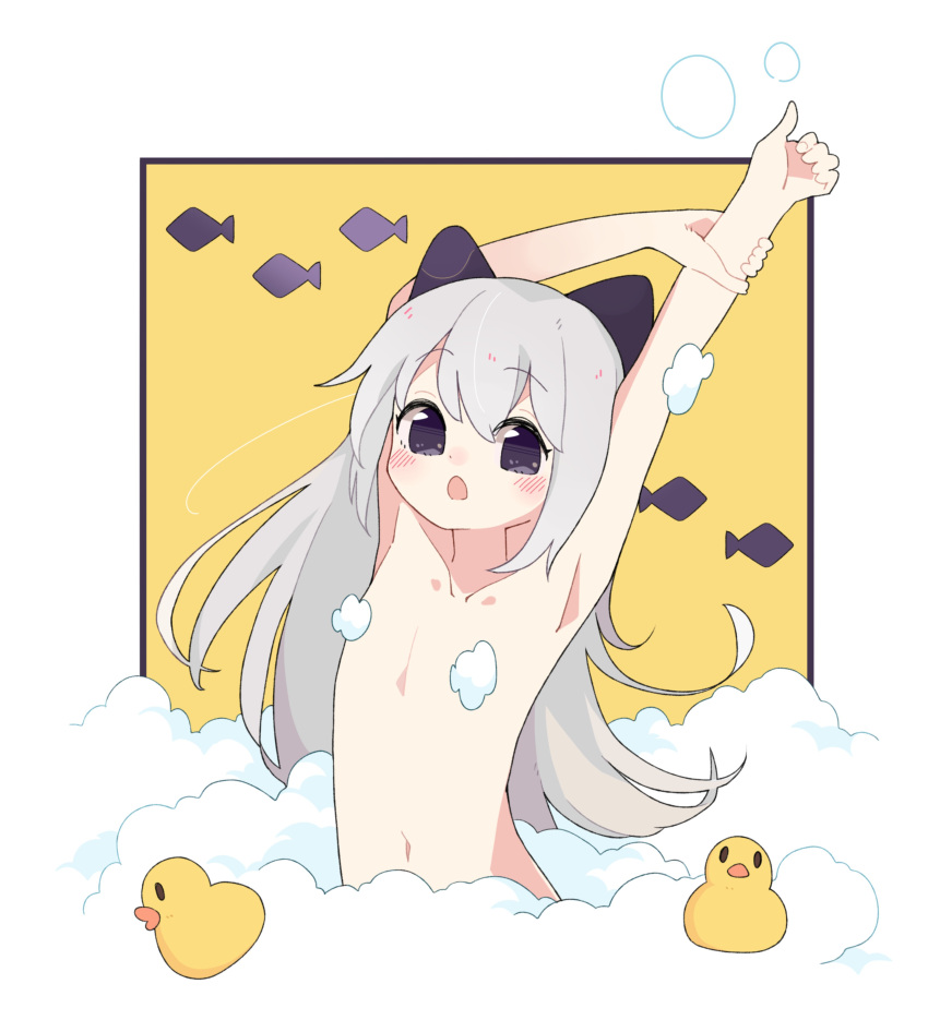 1girl :o absurdres animal_ears armpits arms_up blush cat_ears collarbone commentary_request convenient_censoring flat_chest grey_eyes grey_hair hair_between_eyes highres long_hair looking_at_viewer navel nude open_mouth original rubber_duck soap_bubbles soap_censor solo stretching tanigawara two-tone_background very_long_hair white_background yellow_background