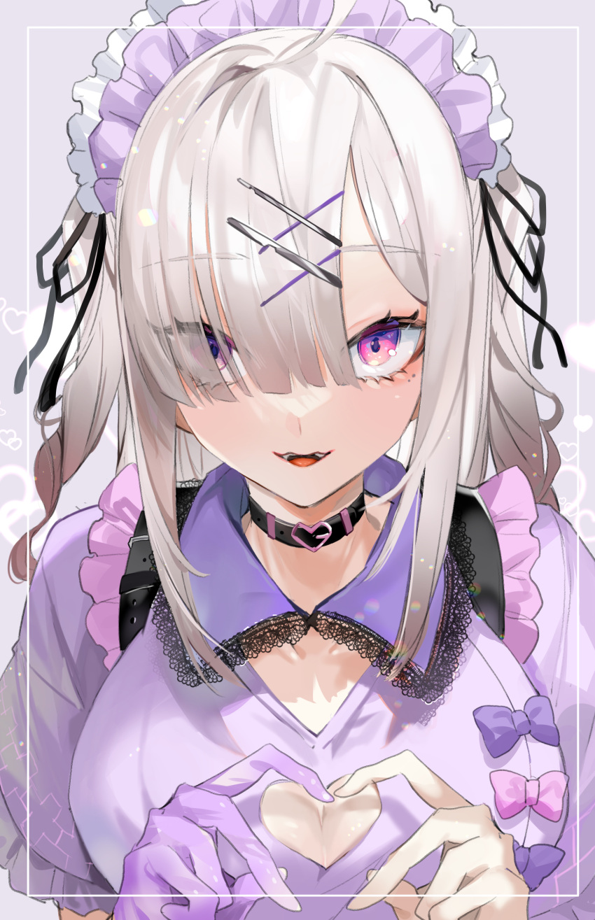 1girl aano_(10bit) absurdres black_choker bow breasts choker cleavage cleavage_cutout clothing_cutout collarbone collared_shirt frilled_shirt frills grey_hair hair_ornament hair_over_one_eye headdress heart heart_hands highres lace_trim large_breasts long_hair looking_at_viewer nijisanji open_mouth pink_bow purple_bow purple_eyes purple_shirt shirt smile solo sukoya_kana sukoya_kana_(4th_costume) suspenders twintails virtual_youtuber x_hair_ornament
