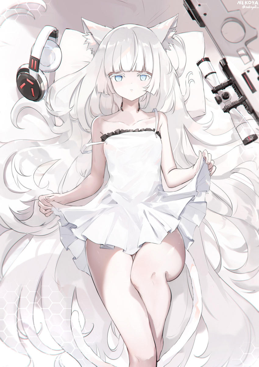 1girl absurdres ai_arctic_warfare animal_ear_fluff animal_ears bare_arms bare_shoulders barefoot bed_sheet blue_eyes bolt_action cat_ears cat_girl cat_tail closed_mouth colored_eyelashes commentary dress english_commentary feet_out_of_frame frilled_dress frills grey_hair gun headphones headphones_removed highres long_hair looking_at_viewer lying nekoya_(liu) on_back original pillow rifle signature sleeveless sleeveless_dress sniper_rifle solo strap_slip tail twitter_username very_long_hair weapon white_dress