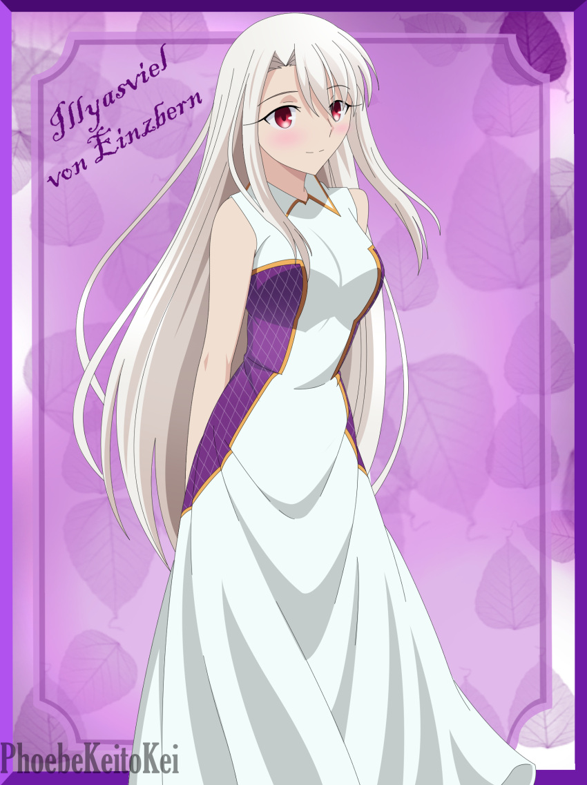 1girl aged_up arms_behind_back artist_name blush border breasts character_name collared_dress dress fate/stay_night fate_(series) hair_between_eyes highres illyasviel_von_einzbern leaf long_hair multicolored_clothes multicolored_dress phoebekeitkei purple_background purple_border red_eyes sidelocks sleeveless sleeveless_dress solo white_dress white_hair