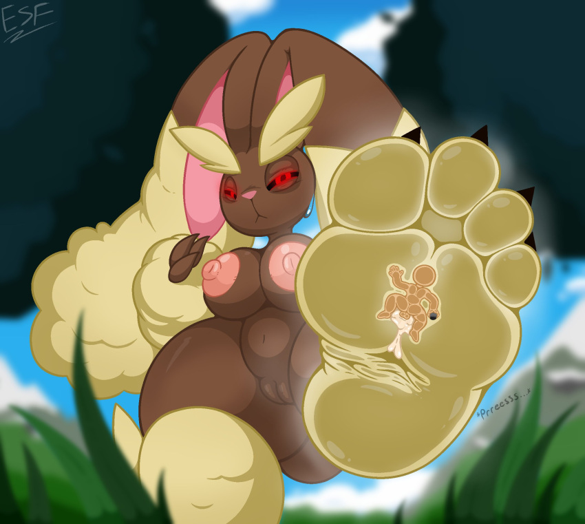4_toes anthro balls bodily_fluids breasts brown_body brown_fur cum cum_on_feet electricsnowfox feet female foot_focus fur generation_4_pokemon genital_fluids genitals hi_res humanoid_feet lopunny low-angle_view male male/female nintendo nude outside plantigrade pokemon pokemon_(species) pussy soles solo toes worm's-eye_view