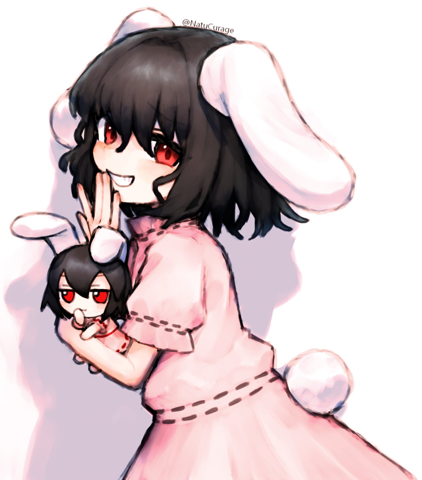 1girl absurdres animal_ears black_hair blush character_doll commentary_request cowboy_shot doll dress floppy_ears fumo_(doll) grin hair_between_eyes hand_to_own_mouth highres holding holding_doll inaba_tewi looking_at_viewer medium_bangs natucurage pink_dress puffy_short_sleeves puffy_sleeves rabbit_ears rabbit_girl rabbit_tail red_eyes ribbon-trimmed_dress shadow short_hair short_sleeves simple_background smile solo tail touhou white_background