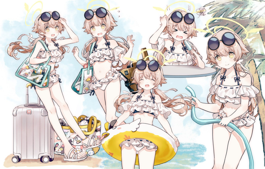 1girl bikini blue_archive eyewear_on_head frilled_bikini frills halo hifumi_(blue_archive) hifumi_(swimsuit)_(blue_archive) highres light_brown_hair low_twintails migolu multiple_views off-shoulder_bikini off_shoulder ribbon-trimmed_bikini ribbon-trimmed_swimsuit ribbon_trim sunglasses swimsuit thighs twintails white_bikini wing_hair_ornament winged_halo yellow_halo