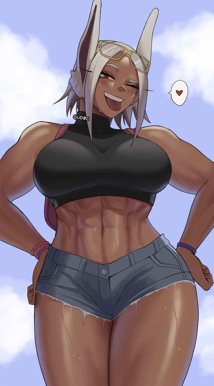 1girl ;p abs animal_ears artist_name backpack bag bare_shoulders black_sports_bra blush boku_no_hero_academia breasts cloud cloudy_sky cutoffs dark-skinned_female dark_skin denim denim_shorts eyewear_on_head gud0c hands_on_own_hips heart highres large_breasts long_eyelashes looking_at_viewer mirko muscular muscular_female navel one_eye_closed parted_bangs rabbit_ears rabbit_girl raised_eyebrow red_eyes short_hair short_shorts shorts sky smile solo spoken_heart sports_bra stomach sweat teeth thick_thighs thighs tongue tongue_out turtleneck upper_teeth_only veins veiny_arms white_hair wristband yellow-framed_eyewear