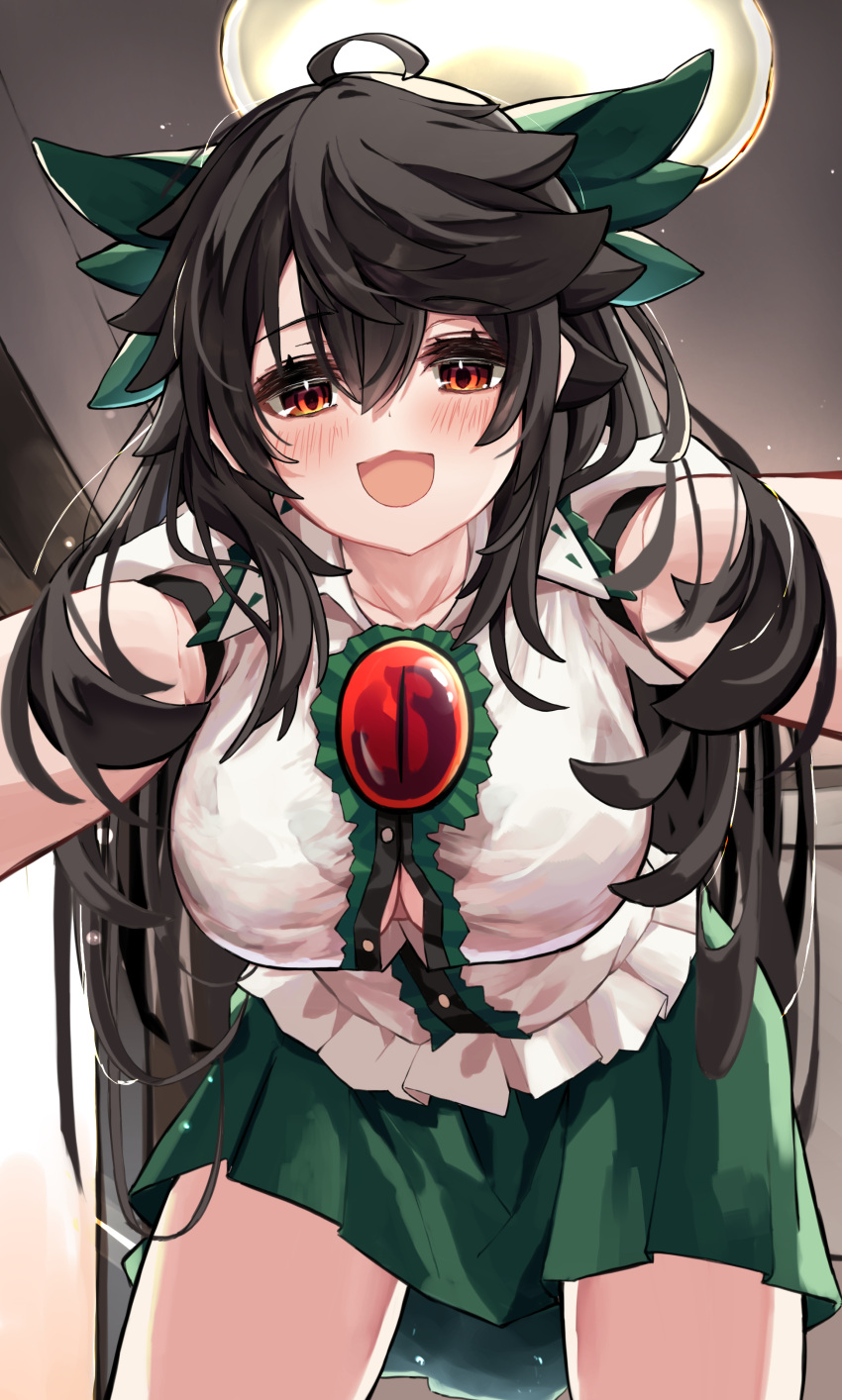 1girl :d absurdres ahoge black_hair blouse blush breasts buttons collared_shirt commentary_request cowboy_shot downblouse green_skirt hair_between_eyes highres hira-san in_heat indoors large_breasts long_hair looking_at_viewer open_mouth pleated_collar pleated_shirt pleated_skirt red_eyes reiuji_utsuho shirt short_sleeves skirt smile solo third_eye third_eye_on_chest touhou white_shirt yukadon