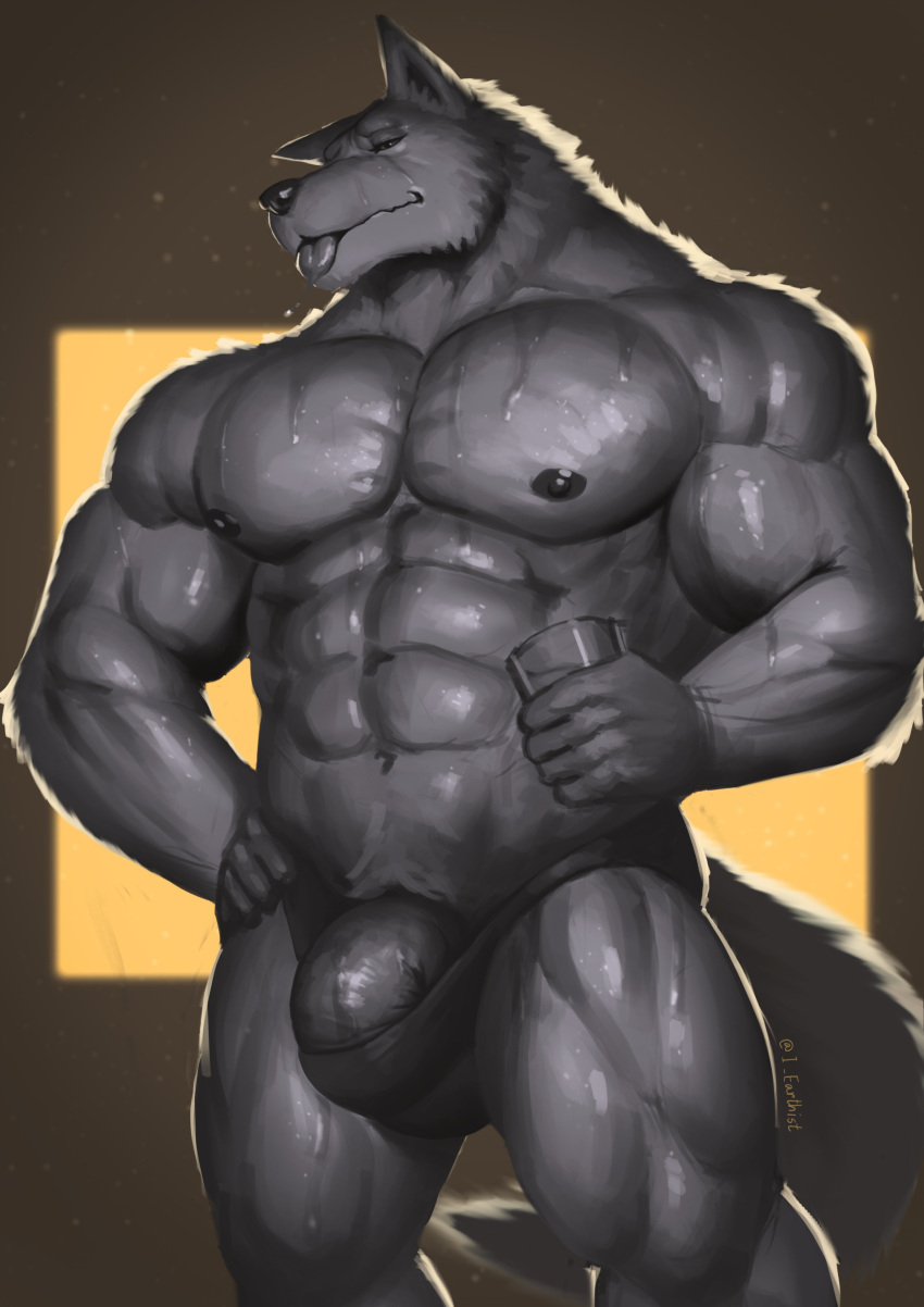 absurd_res anthro big_pecs bodily_fluids bulge canid canine canis clothed clothing earthist genitals glass glistening glistening_body grey-fur hand_on_hip hi_res male mammal muscular muscular_anthro muscular_male pecs penis penis_base solo sweat tenting tongue tongue_out underwear underwear_only wolf