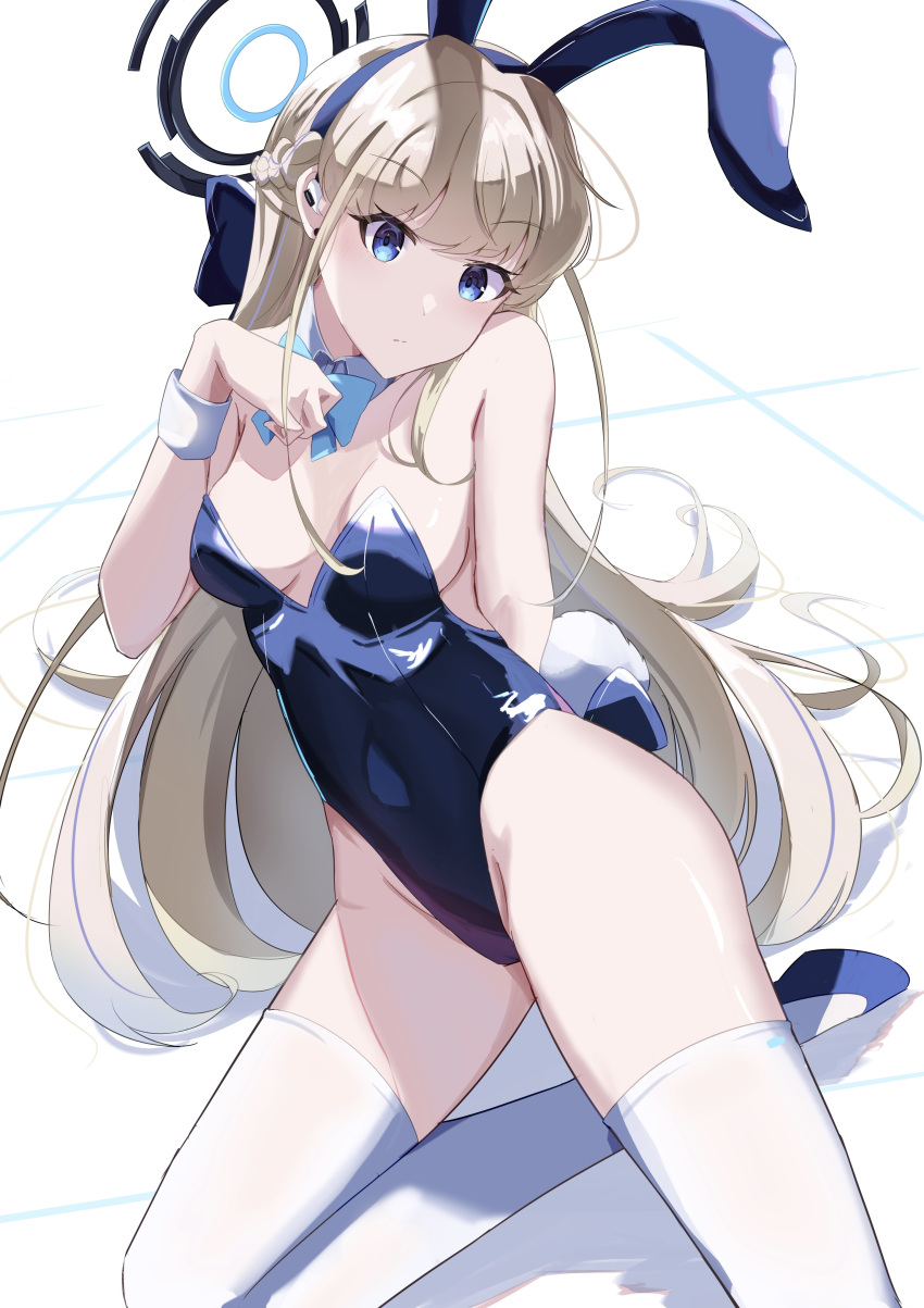 1girl absurdres animal_ears arm_support bare_shoulders blonde_hair blue_archive blue_bow blue_eyes blue_hairband blue_leotard bow bowtie braid breasts closed_mouth detached_collar earpiece fake_animal_ears groin hairband halo hand_up highleg highleg_leotard highres kneeling leaning_back leaning_to_the_side leotard long_hair official_alternate_costume official_alternate_hairstyle pizakame playboy_bunny rabbit_ears rabbit_tail tail thighhighs thighs toki_(blue_archive) toki_(bunny)_(blue_archive) very_long_hair white_thighhighs wrist_cuffs
