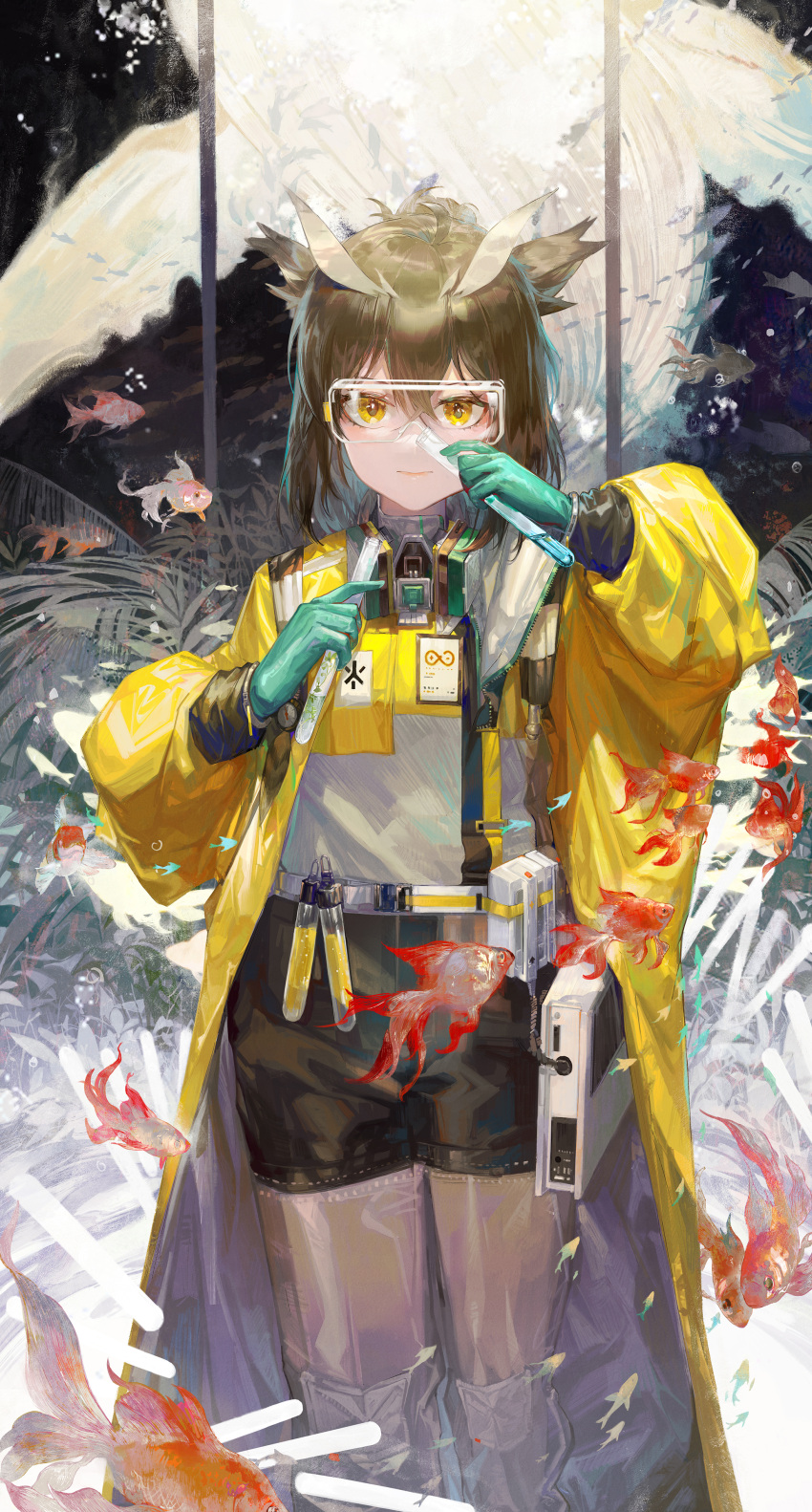1girl abstract_background absurdres arknights belt black_background black_shorts brown_hair brown_pantyhose chinese_commentary coat commentary_request daylightallure english_commentary feather_hair feet_out_of_frame fern fish gloves goggles green_gloves hands_up highres holding holding_test_tube id_card koi looking_at_viewer mixed-language_commentary owl_ears owl_girl pantyhose pantyhose_under_shorts plant pouch rhine_lab_logo shirt short_hair shorts silence_(arknights) silence_(lacquer)_(arknights) smile solo test_tube whale white_shirt yellow_coat yellow_eyes
