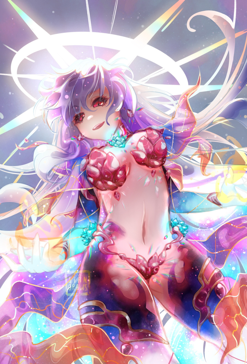 1girl absurdres armor bikini_armor black_sclera collar colored_inner_hair colored_sclera fate/grand_order fate_(series) fire floating_hair flower gradient_skin halo highres kama_(beast_iii/l)_(fate) kama_(fate) long_hair looking_at_viewer looking_down lotus metal_bracelet metal_collar multicolored_hair red_eyes revealing_clothes shiny_skin siandraws solo thighlet very_long_hair white_hair