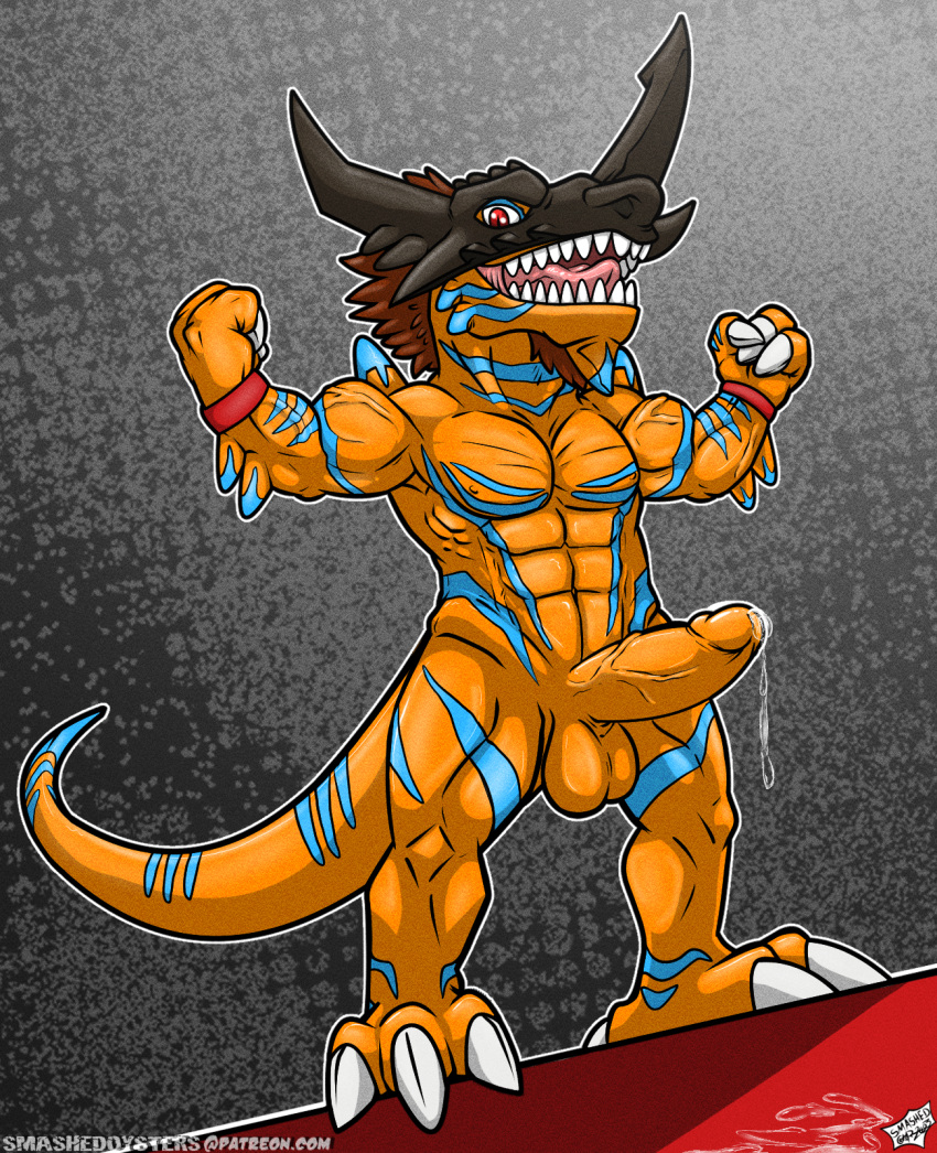 abs anthro balls bandai_namco biceps big_muscles bodily_fluids claws cum digimon digimon_(species) digital_media_(artwork) erection feet flexing flexing_bicep flexing_both_biceps genital_fluids genitals geogreymon hair hi_res horn looking_at_viewer male markings muscular muscular_male nude open_mouth orange_body pecs penis reptile scalie simple_background smashed_(artist) smile solo standing tail teeth toes tongue vein