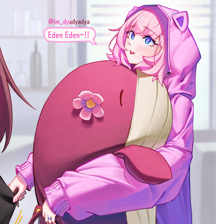 2girls :d alternate_costume animal_hood blue_eyes blush cat_hood cropped dyadyadya eden_(honkai_impact) elysia_(honkai_impact) from_side highres honkai_(series) honkai_impact_3rd hood hood_up hoodie jewelry long_bangs long_hair long_sleeves looking_at_another multiple_girls object_hug open_mouth out_of_frame oversized_object pink_hair pink_hoodie pink_pupils puffy_long_sleeves puffy_sleeves raised_eyebrows red_hair ring sidelocks skirt skirt_tug smile solo_focus stuffed_toy stuffed_whale upper_body