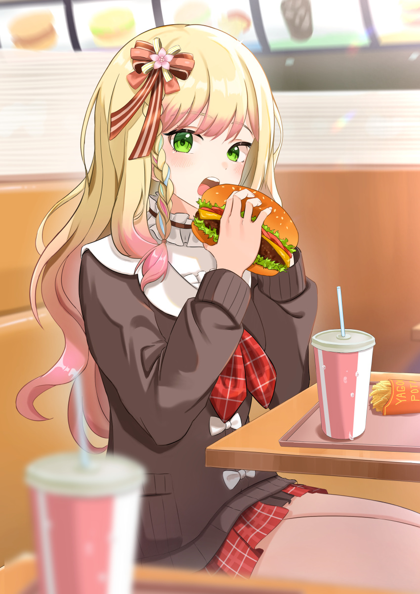 1girl absurdres aneal_(syuuumaeee) blonde_hair blurry blush braid brown_ribbon brown_shirt burger chips_(food) commentary_request cup depth_of_field eating food gradient_hair green_eyes hands_up highres holding holding_food hololive indoors long_hair long_sleeves looking_at_viewer momosuzu_nene multicolored_hair neck_garter on_chair open_mouth pink_hair plaid plaid_ribbon plaid_skirt potato_chips red_ribbon red_skirt ribbon shirt side_braid sitting skirt solo streaked_hair table teeth tongue upper_teeth_only virtual_youtuber