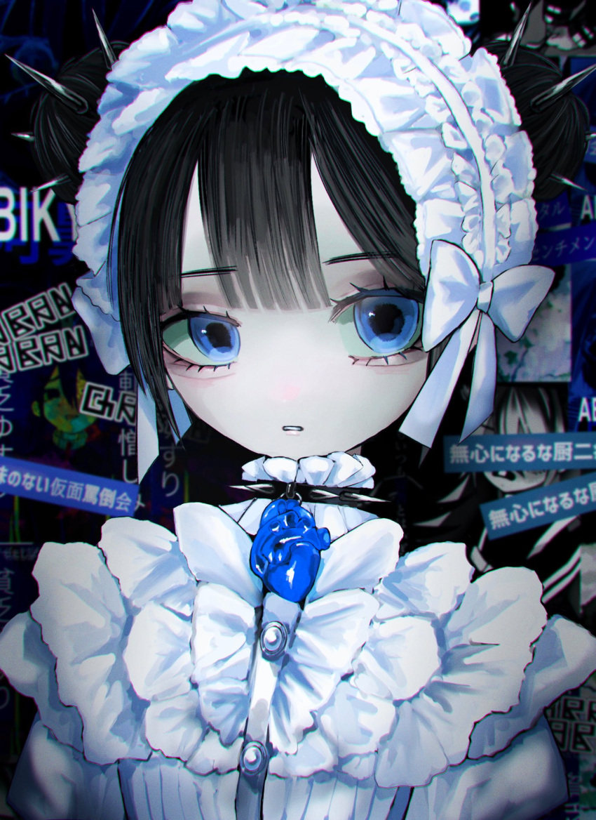 1girl bags_under_eyes black_choker black_hair blue_eyes blue_heart blurry blurry_background bonnet bow choker chromatic_aberration commentary_request double_bun frilled_choker frilled_shirt frills hair_bun heart_(organ) highres lolita_fashion looking_at_viewer original parted_lips shirt short_hair solo spiked_choker spikes translated uneven_eyes upper_body urokogaran vignetting white_bow white_headwear white_shirt