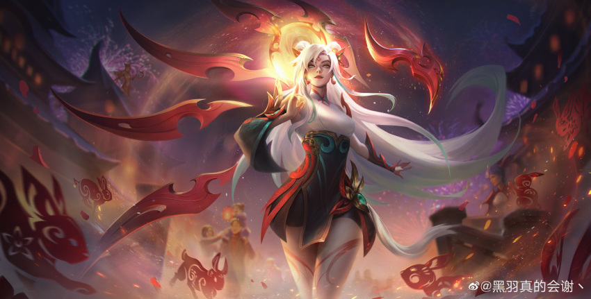 1girl absurdres artist_name chinese_commentary closed_mouth earrings facial_mark fireworks floating_hair forehead_mark glowing glowing_weapon green_eyes hair_between_eyes highres house irelia jewelry league_of_legends long_hair mythmaker_irelia night night_sky outdoors people rabbit signature sky smile solo_focus standing touding_you weapon white_hair