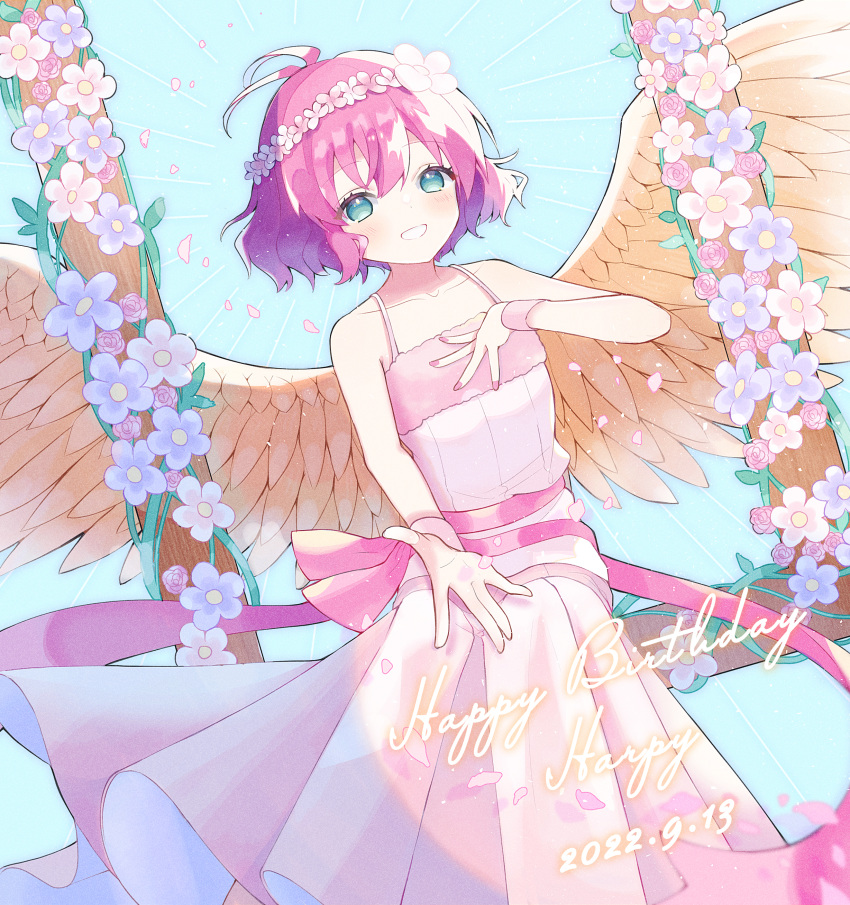 1girl absurdres antenna_hair blue_background blue_flower blush brown_wings character_name collarbone dated dress emphasis_lines eyelashes feathered_wings flower green_eyes grin hair_between_eyes hand_on_own_chest happy_birthday harpy_(puyopuyo) head_wreath highres kashima_miyako looking_at_viewer pink_dress pink_flower pink_hair pink_ribbon pink_wristband plant puyopuyo ribbon short_hair smile solo vines wings