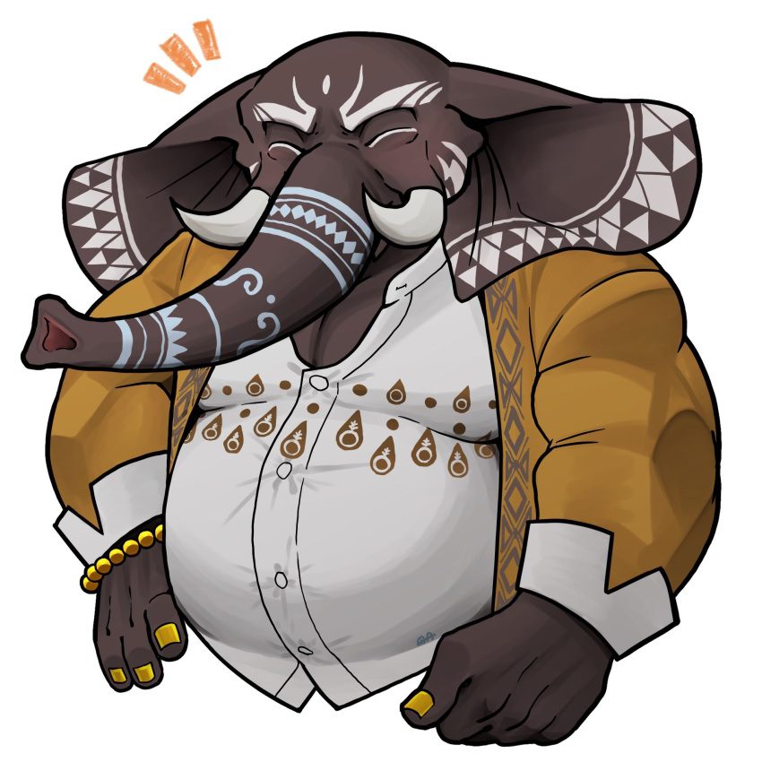 1boy bara bead_bracelet beads belly bracelet closed_eyes closed_mouth collared_shirt commentary_request cropped_torso elephant_boy elephant_ears furry furry_male girimekra_(housamo) hand_on_own_hip happy highres jacket jewelry male_focus muscular muscular_male notice_lines plump shirt signature simple_background smile solo tanaka_no_azumi tokyo_afterschool_summoners tusks white_background white_shirt yellow_jacket yellow_nails