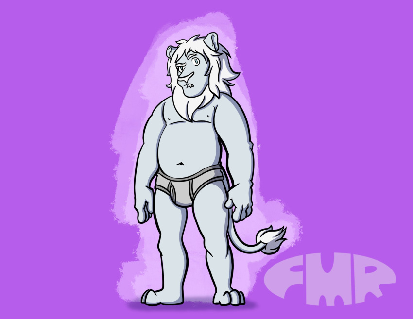 anthro barefoot briefs briefs_only christian_(vangabond) clothed clothing detailed_background feet felid foxmanad fur grey_body grey_briefs grey_clothing grey_fur grey_underwear hair hi_res lion male mammal mane navel nipples overweight overweight_male pantherine purple_background shadow signature simple_background solo topless underwear underwear_only white_hair white_mane white_nose