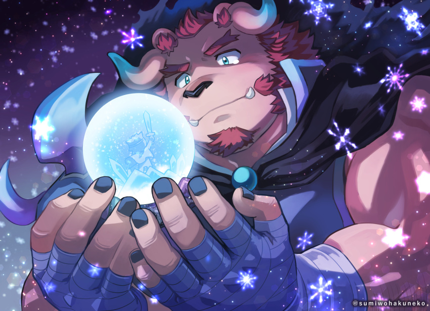 1boy armor bandaged_hand bandages bara black_nails blue_eyes cape chernobog_(housamo) demon_horns facial_hair furry furry_male glowing goatee highres horns male_focus muscular muscular_male night night_sky orb short_hair shoulder_armor sideburns sky snowflakes solo star_(sky) sumi_wo_hakuneko tearing_up thick_arms thick_eyebrows tokyo_afterschool_summoners tusks upper_body