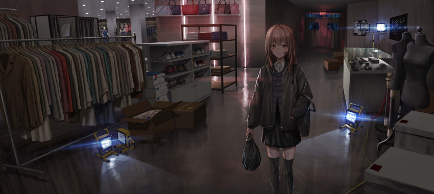 1girl absurdres bag black_skirt black_thighhighs blood blood_on_face blood_on_leg box brown_eyes brown_hair closed_mouth clothes collared_shirt commentary door english_commentary feet_out_of_frame grey_bag grey_jacket grey_vest highres holding holding_bag indoors jacket light long_hair long_sleeves looking_at_viewer mannequin mz-t original shirt shop skirt solo standing thighhighs trash_bag vest white_shirt
