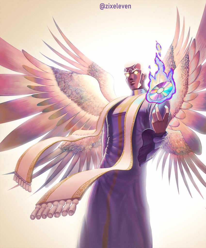 1boy blue_fire cd dark-skinned_male dark_skin enrico_pucci fire glowing glowing_eyes halo highres jojo_no_kimyou_na_bouken male_focus multicolored_fire multiple_wings priest scarf seraph solo stole stone_ocean twitter_username white_hair white_scarf wide_sleeves wings zixeleven