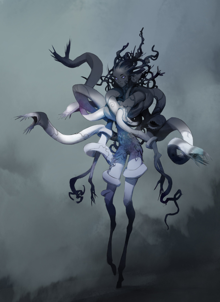 1girl blue_eyes claws dark extra_arms flower full_body glowing glowing_eyes hair_vines highres hooves leaf lips looking_at_viewer original pale_skin plant simple_background skinny solo standing viktortitov vines