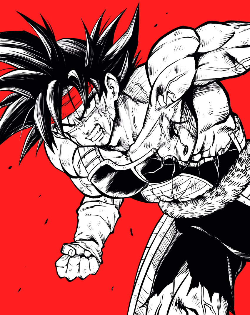 1boy angry armor bardock bleeding blood broken_armor clenched_hand cowboy_shot dragon_ball dragon_ball_z hands_up headband highres lee_(dragon_garou) looking_at_viewer monkey_tail monochrome muscular muscular_male open_mouth pants red_background red_headband scar scar_on_cheek scar_on_face short_hair simple_background solo spiked_hair tail teeth torn_clothes torn_pants veins