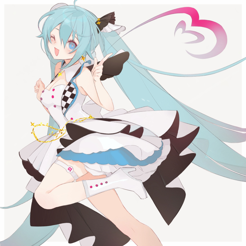 1girl absurdres blue_eyes blue_hair boots dress earrings hatsune_miku highres idol jewelry long_hair miermere more_more_jump!_miku one_eye_closed project_sekai solo standing standing_on_one_leg star_(symbol) star_earrings twintails very_long_hair vocaloid white_dress white_footwear