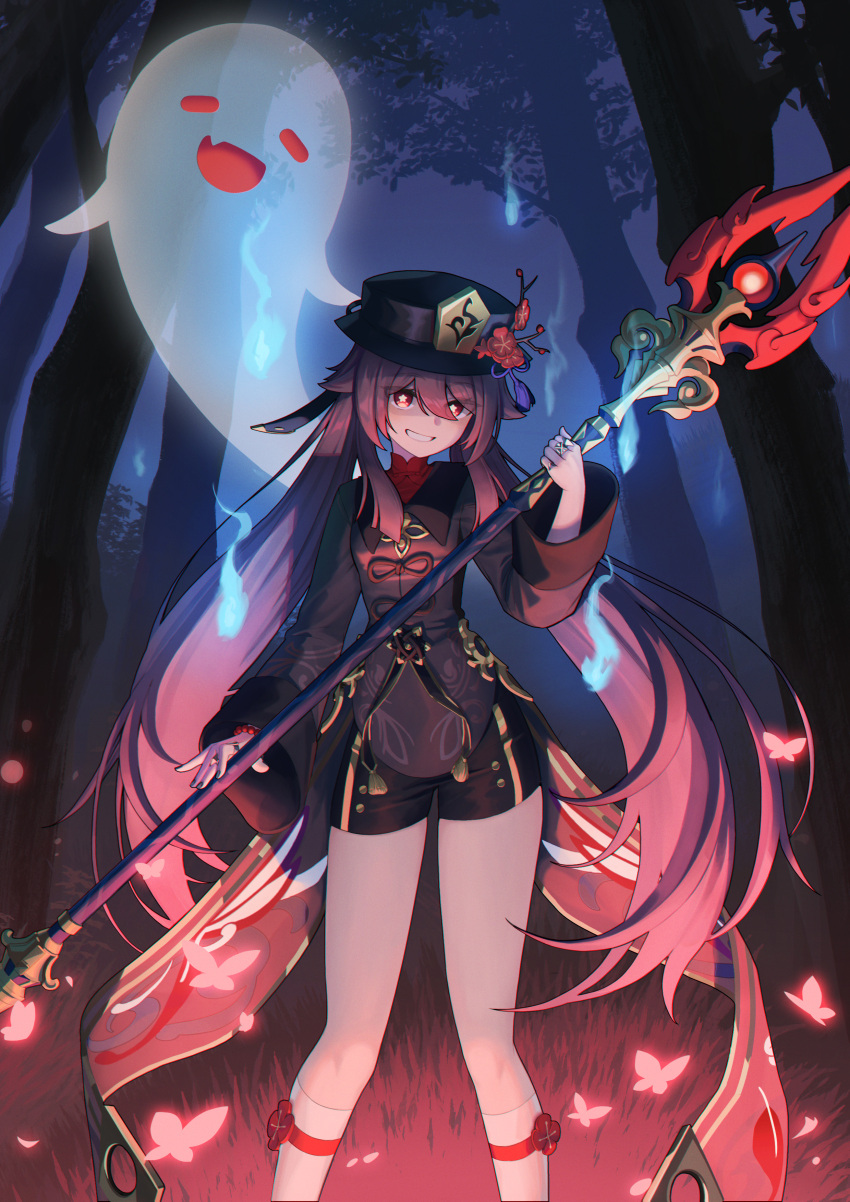 1girl absurdres bare_legs black_headwear black_shorts blue_fire boo_tao_(genshin_impact) bright_pupils brown_coat brown_hair bug butterfly coat feet_out_of_frame fire flower flower-shaped_pupils genshin_impact ghost glowing_butterfly grin hair_between_eyes hat hat_flower hat_tassel highres holding holding_polearm holding_weapon hu_tao_(genshin_impact) kneehighs long_hair long_sleeves looking_at_viewer night polearm red_eyes shorts smile socks solo staff_of_homa_(genshin_impact) symbol-shaped_pupils tree twintails weapon white_socks xogus1025