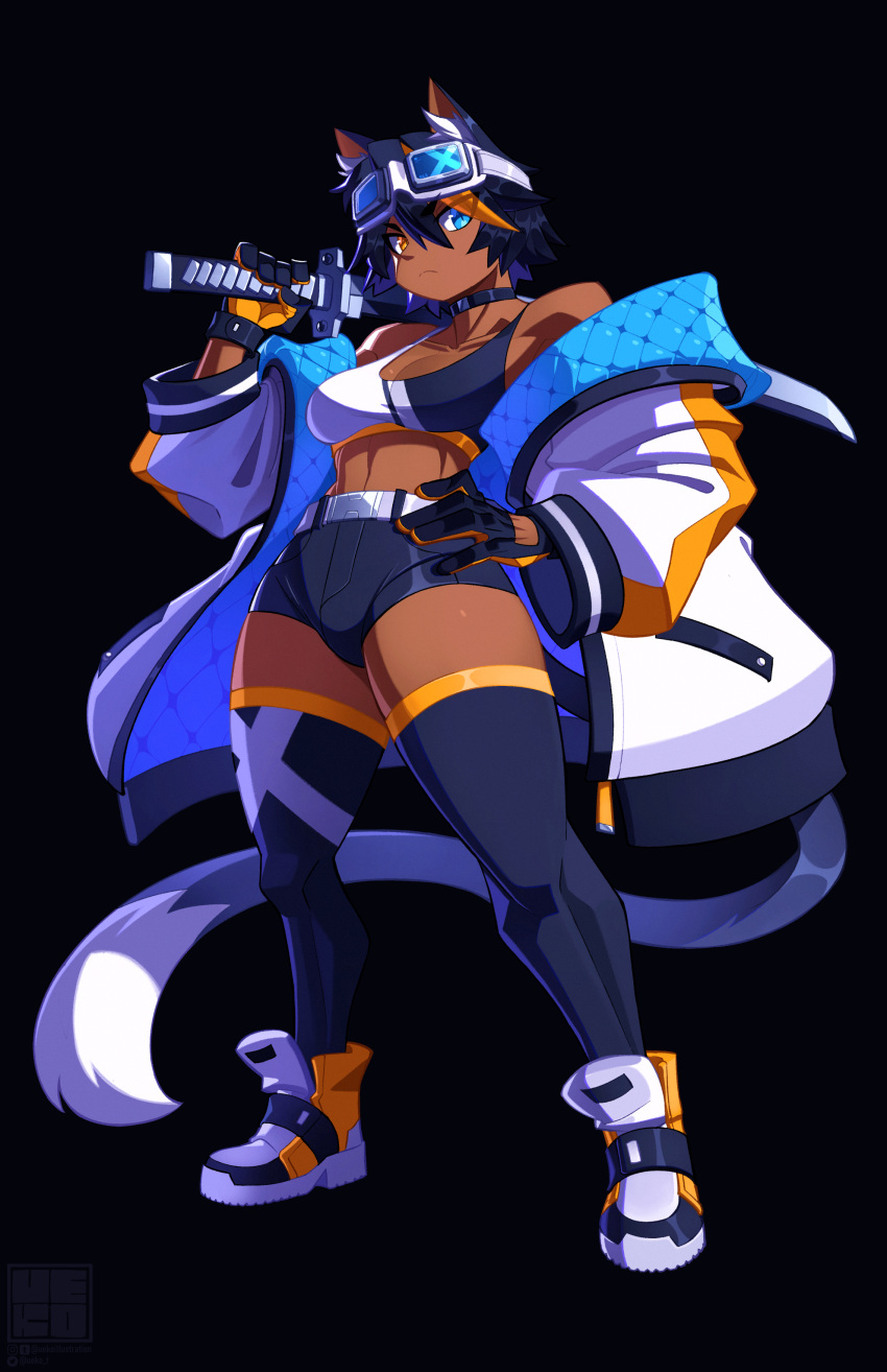 1girl :&lt; absurdres animal_ear_fluff animal_ears black_background black_choker black_gloves black_hair black_shorts black_thighhighs blue-tinted_eyewear blue_eyes breasts cat_ears cat_girl cat_tail choker coat dark-skinned_female dark_skin down_jacket full_body gloves goggles goggles_on_head hair_between_eyes hand_on_own_hip heterochromia highres holding holding_sword holding_weapon jacket kat_(ueko) katana linea_alba long_tail looking_at_viewer medium_breasts midriff multicolored_coat multicolored_hair open_clothes open_coat orange_eyes orange_gloves orange_hair original over_shoulder shoes short_hair short_shorts shorts sneakers solo sports_bra streaked_hair sword sword_over_shoulder tail thick_thighs thighhighs thighs tinted_eyewear toned two-tone_gloves two-tone_sports_bra ueko_(ueko_t) weapon weapon_over_shoulder white_coat white_footwear