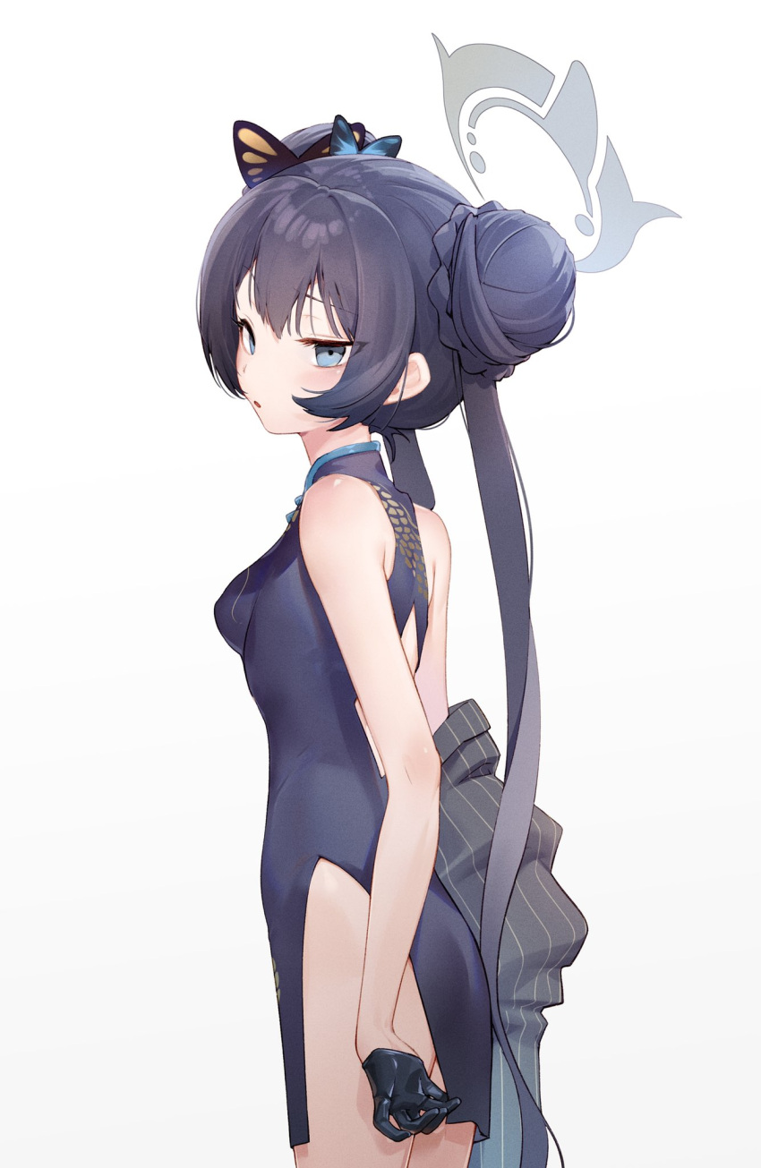 1girl black_dress black_gloves blue_archive blush breasts butterfly_hair_ornament double_bun dress from_side gloves hair_bun hair_ornament highres kisaki_(blue_archive) lingxia long_hair looking_to_the_side parted_lips simple_background sleeveless sleeveless_dress small_breasts solo twintails very_long_hair white_background
