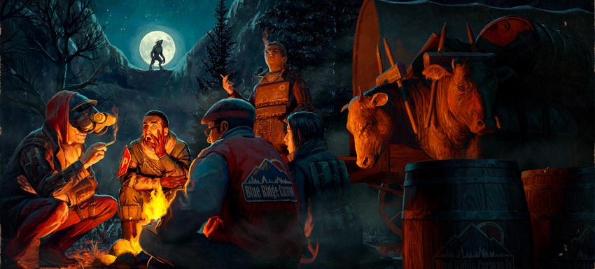 1girl 4boys animal barrel brahmin campfire cigarette cow fallout_(series) fallout_76 full_moon gloves highres holding holding_cigarette horns moon multiple_boys night night_sky official_art open_mouth outdoors promotional_art short_hair sitting sky squatting standing tree vest werewolf