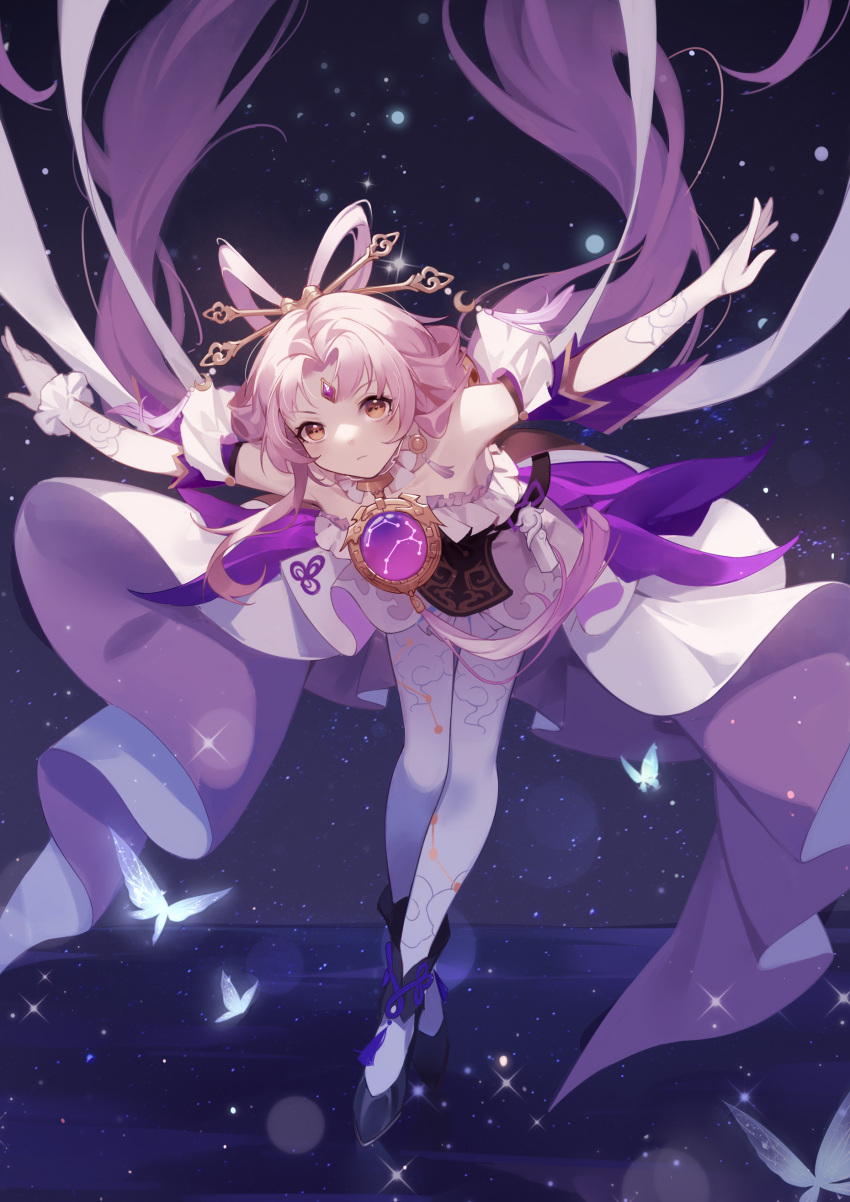 1girl absurdres bare_shoulders bow-shaped_hair bug butterfly detached_sleeves expressionless forehead_jewel fu_xuan_(honkai:_star_rail) highres honkai:_star_rail honkai_(series) pink_hair shoes solo woodylixx yellow_eyes