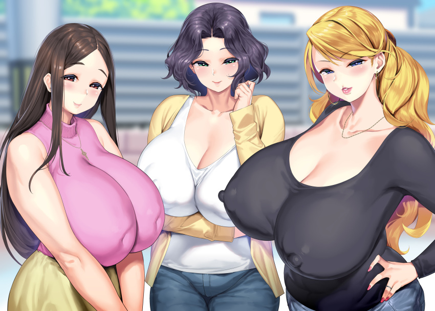 1girl arm_under_breasts black_hair black_shirt blonde_hair blue_pants blurry blurry_background breasts brown_skirt cardigan cleavage closed_mouth collarbone covered_nipples day denim earrings fence hakai_shin highres house huge_breasts impossible_clothes impossible_shirt jeans jewelry lips long_hair looking_at_viewer mature_female nail_polish necklace non-web_source original outdoors pants parted_lips pink_sweater puffy_nipples ring shirt sidelocks skirt sleeveless sleeveless_sweater smile solo standing sweater utility_pole white_shirt window yellow_cardigan