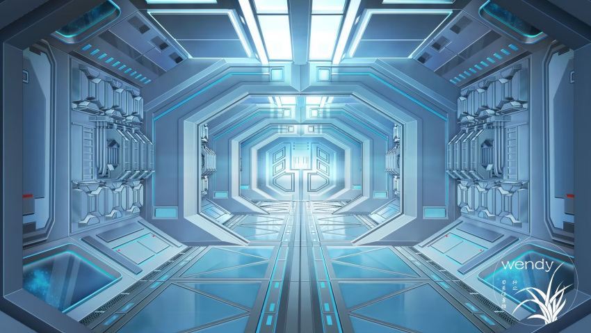 artist_logo ceiling_light door highres indoors no_humans original scenery science_fiction sliding_doors space spacecraft spacecraft_interior window xingzhi_lv