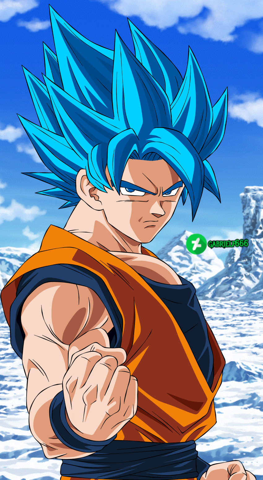 1boy absurdres alternate_color alternate_eye_color alternate_hair_color deviantart_logo deviantart_username dougi dragon_ball dragon_ball_super gabrielf666 highres looking_at_viewer muscular muscular_male nakatsuru_katsuyoshi_(style) palette_swap son_goku super_saiyan super_saiyan_blue