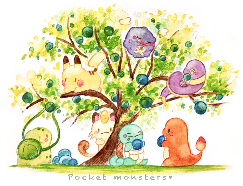 ^_^ animal_focus berry_(pokemon) black_eyes blush_stickers bulbasaur charmander closed_eyes closed_mouth copyright_name ekans fangs flame-tipped_tail food fruit highres holding holding_food holding_fruit meowth no_humans open_mouth oran_berry painting_(medium) pikachu plant pokemon red_eyes smile snake squirtle traditional_media tree turtle vines watercolor_(medium) white_background yukichi_0611