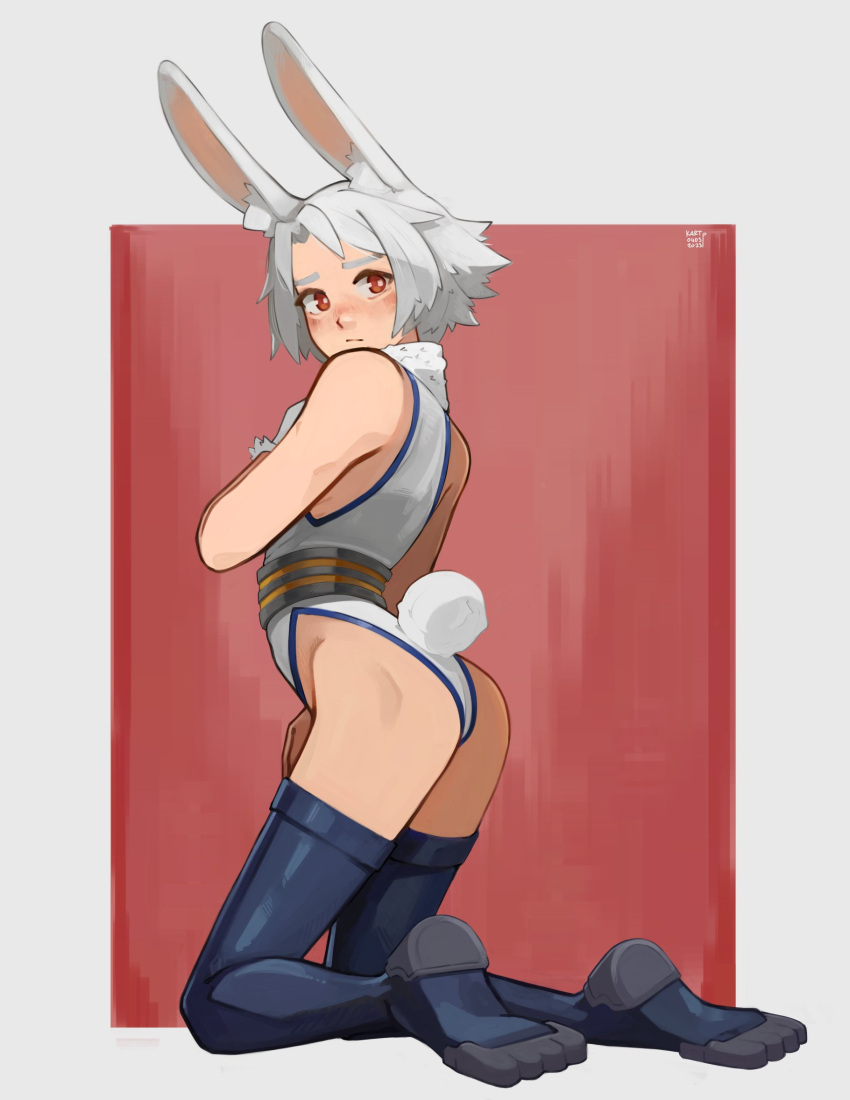 1girl animal_ear_fluff animal_ears bare_shoulders black_footwear boku_no_hero_academia boots closed_mouth commentary cosplay forehead from_side full_body gloves grey_background highres kart_prowler kneeling leotard looking_at_viewer looking_to_the_side mirko mirko_(cosplay) original rabbit_ears rabbit_girl rabbit_tail red_background red_eyes solo tail thick_eyebrows thigh_boots two-tone_background white_gloves white_hair white_leotard